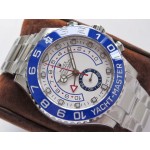Rolex Yacht-Master series, white dial, blue bezel, silver case, 44mm, silver Oyster bracelet.